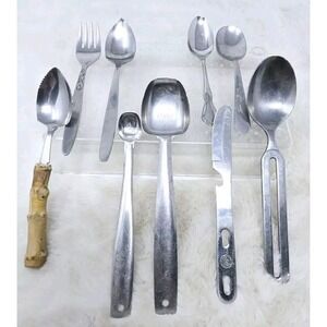 Vintage Stainless Steel Tableware Lot Of 9 Various Brands/Patterns Bamboo